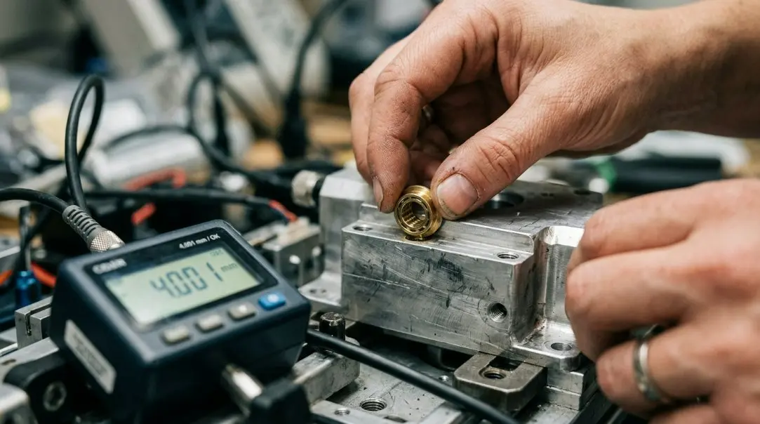 Close-up of a technician installing a flanged bushing into a robotic motor housing with digital calibration tools